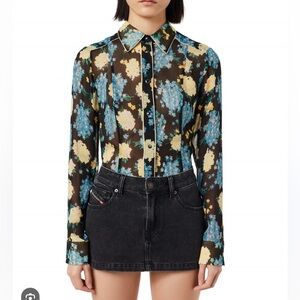 Diesel C-Giselle Black Floral Sheer Blouse Size Small Rayon Snap Button